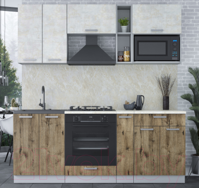 Кухонный гарнитур Интерлиния Мила Лайт 2.0 ВТ (бетон лайт/дуб веллингтон/опал светлый)