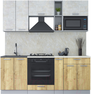 Кухонный гарнитур Интерлиния Мила Лайт 2.0 ВТ (бетон лайт/дуб золотой/опал светлый) - фото