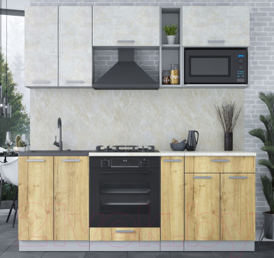 Кухонный гарнитур Интерлиния Мила Лайт 2.0 ВТ (бетон лайт/дуб золотой/опал светлый)