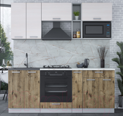 Кухонный гарнитур Интерлиния Мила Лайт 2.0 ВТ (вудлайн кремовый/дуб веллингтон/серый каспий)