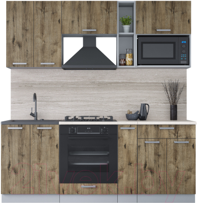 Кухонный гарнитур Интерлиния Мила Лайт 2.0 ВТ (дуб веллингтон/дуб веллингтон/травертин серый) - фото