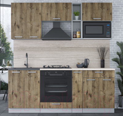 Кухонный гарнитур Интерлиния Мила Лайт 2.0 ВТ (дуб веллингтон/дуб веллингтон/травертин серый)