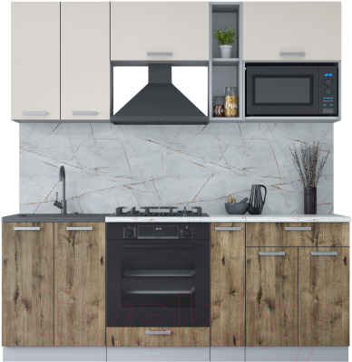 Кухонный гарнитур Интерлиния Мила Лайт 2.0 ВТ (персидский жемчуг/дуб веллингтон/серый каспий) - фото