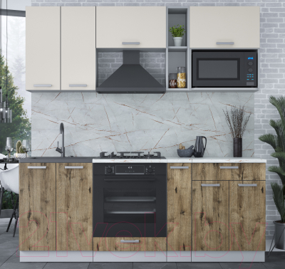 Кухонный гарнитур Интерлиния Мила Лайт 2.0 ВТ (персидский жемчуг/дуб веллингтон/серый каспий)