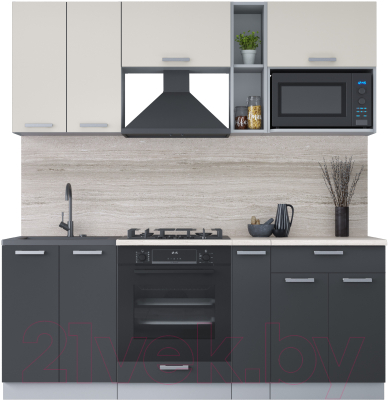 Кухонный гарнитур Интерлиния Мила Лайт 2.0 ВТ (персидский жемчуг/антрацит/травертин серый) - фото