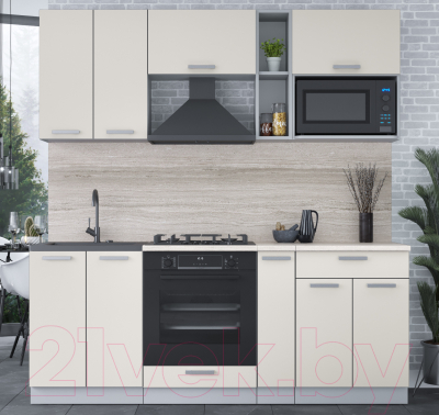 Кухонный гарнитур Интерлиния Мила Лайт 2.0 ВТ (персидский жемчуг/персидский жемчуг/травертин серый)