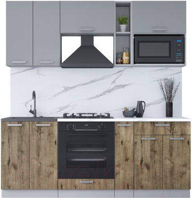 Кухонный гарнитур Интерлиния Мила Лайт 2.0 ВТ (серебро/дуб веллингтон/белый гранит) - фото