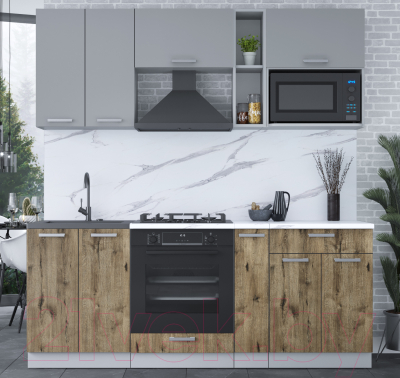 Кухонный гарнитур Интерлиния Мила Лайт 2.0 ВТ (серебро/дуб веллингтон/белый гранит)