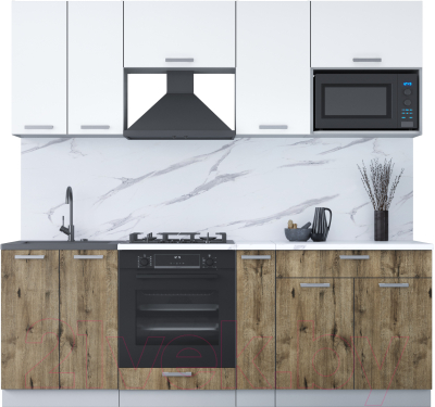 Кухонный гарнитур Интерлиния Мила Лайт 2.2 ВТ (белый платинум/дуб веллингтон/белый гранит) - фото