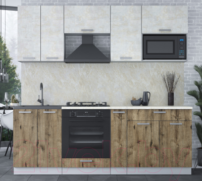 Кухонный гарнитур Интерлиния Мила Лайт 2.2 ВТ (бетон лайт/дуб веллингтон/опал светлый)