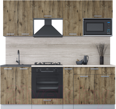 Кухонный гарнитур Интерлиния Мила Лайт 2.2 ВТ (дуб веллингтон/дуб веллингтон/травертин серый) - фото