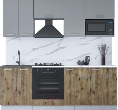 Кухонный гарнитур Интерлиния Мила Лайт 2.2 ВТ (серебро/дуб веллингтон/белый гранит) - фото