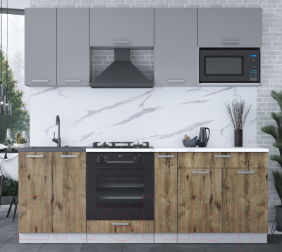 Кухонный гарнитур Интерлиния Мила Лайт 2.2 ВТ (серебро/дуб веллингтон/белый гранит)