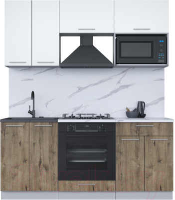 Кухонный гарнитур Интерлиния Мила 1.8 ВТ (белый платинум/дуб веллингтон/белый гранит) - фото