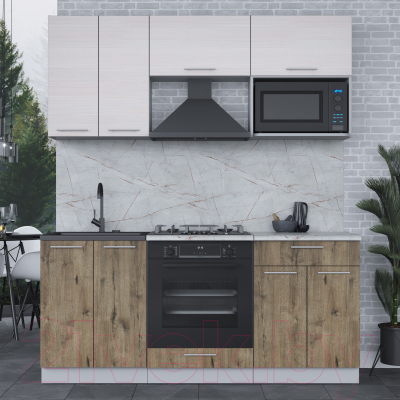 Кухонный гарнитур Интерлиния Мила 1.8 ВТ (вудлайн кремовый/дуб веллингтон/серый каспий)