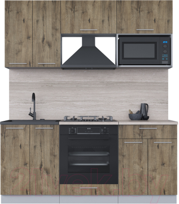 Кухонный гарнитур Интерлиния Мила 1.8 ВТ (дуб веллингтон/дуб веллингтон/травертин серый) - фото