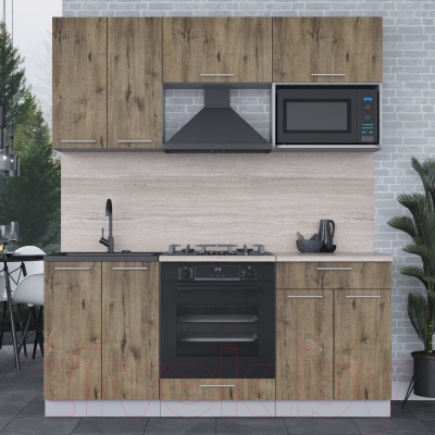 Кухонный гарнитур Интерлиния Мила 1.8 ВТ (дуб веллингтон/дуб веллингтон/травертин серый)