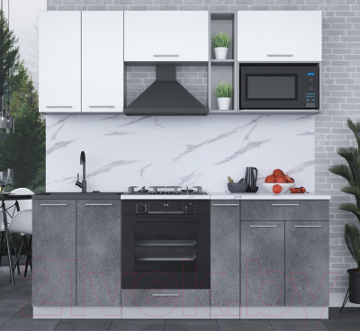 Кухонный гарнитур Интерлиния Мила 2.0 ВТ (белый платинум/бетон портленд/белый гранит)