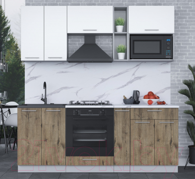 Кухонный гарнитур Интерлиния Мила 2.0 ВТ (белый платинум/дуб веллингтон/белый гранит)