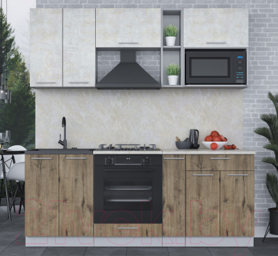 Кухонный гарнитур Интерлиния Мила 2.0 ВТ (бетон лайт/дуб веллингтон/опал светлый)