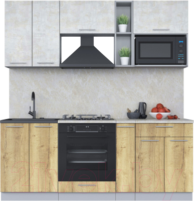 Кухонный гарнитур Интерлиния Мила 2.0 ВТ (бетон лайт/дуб золотой/опал светлый) - фото