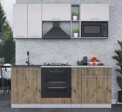 Кухонный гарнитур Интерлиния Мила 2.0 ВТ (вудлайн кремовый/дуб веллингтон/серый каспий)