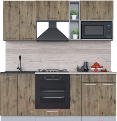 Кухонный гарнитур Интерлиния Мила 2.0 ВТ (дуб веллингтон/дуб веллингтон/травертин серый) - фото