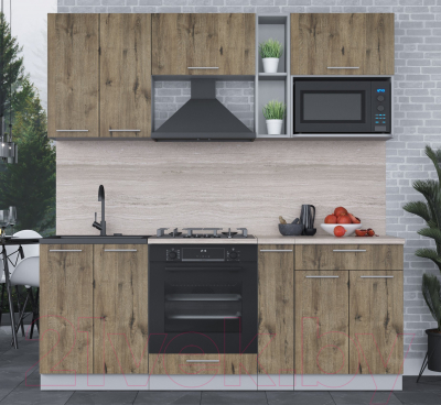 Кухонный гарнитур Интерлиния Мила 2.0 ВТ (дуб веллингтон/дуб веллингтон/травертин серый)