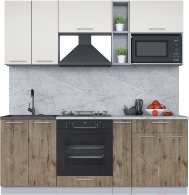 Кухонный гарнитур Интерлиния Мила 2.0 ВТ (персидский жемчуг/дуб веллингтон/серый каспий) - фото