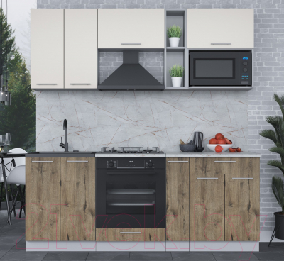 Кухонный гарнитур Интерлиния Мила 2.0 ВТ (персидский жемчуг/дуб веллингтон/серый каспий)