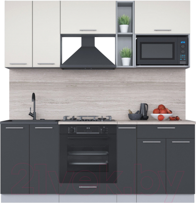 Кухонный гарнитур Интерлиния Мила 2.0 ВТ (персидский жемчуг/антрацит/травертин серый) - фото