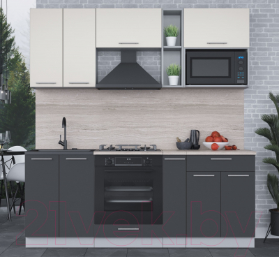 Кухонный гарнитур Интерлиния Мила 2.0 ВТ (персидский жемчуг/антрацит/травертин серый)