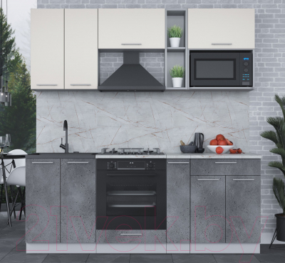 Кухонный гарнитур Интерлиния Мила 2.0 ВТ (персидский жемчуг/бетон портленд/серый каспий)