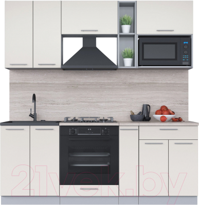 Кухонный гарнитур Интерлиния Мила 2.0 ВТ (персидский жемчуг/персидский жемчуг/травертин серый) - фото