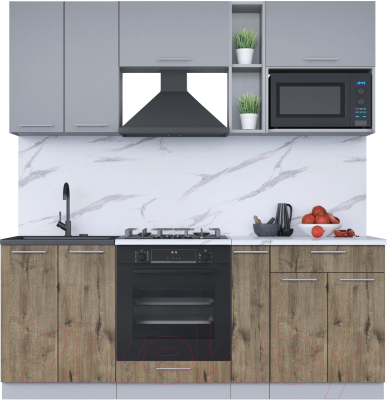 Кухонный гарнитур Интерлиния Мила 2.0 ВТ (серебро/дуб веллингтон/белый гранит) - фото