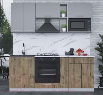 Кухонный гарнитур Интерлиния Мила 2.0 ВТ (серебро/дуб веллингтон/белый гранит)