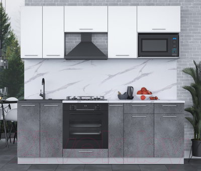 Кухонный гарнитур Интерлиния Мила 2.2 ВТ (белый платинум/бетон портленд/белый гранит)
