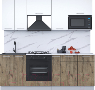 Кухонный гарнитур Интерлиния Мила 2.2 ВТ (белый платинум/дуб веллингтон/белый гранит) - фото