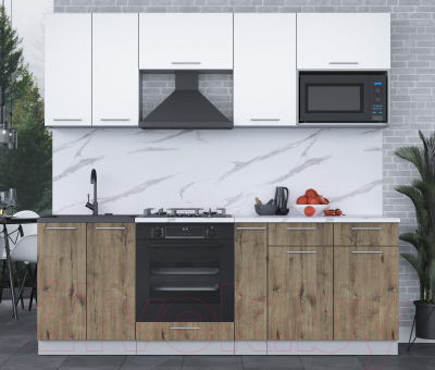 Кухонный гарнитур Интерлиния Мила 2.2 ВТ (белый платинум/дуб веллингтон/белый гранит)