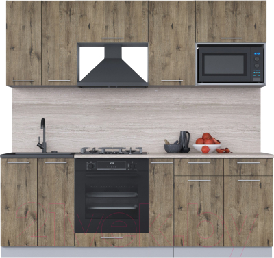Кухонный гарнитур Интерлиния Мила 2.2 ВТ (дуб веллингтон/дуб веллингтон/травертин серый) - фото