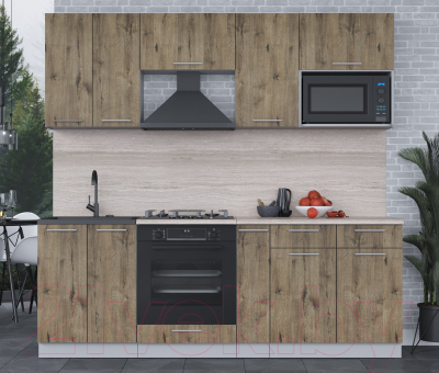 Кухонный гарнитур Интерлиния Мила 2.2 ВТ (дуб веллингтон/дуб веллингтон/травертин серый)