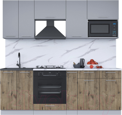 Кухонный гарнитур Интерлиния Мила 2.2 ВТ (серебро/дуб веллингтон/белый гранит) - фото