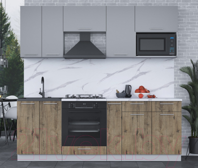Кухонный гарнитур Интерлиния Мила 2.2 ВТ (серебро/дуб веллингтон/белый гранит)