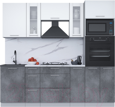 Кухонный гарнитур Интерлиния Мила 2.3 ВТ (белый платинум/бетон портленд/белый гранит) - фото