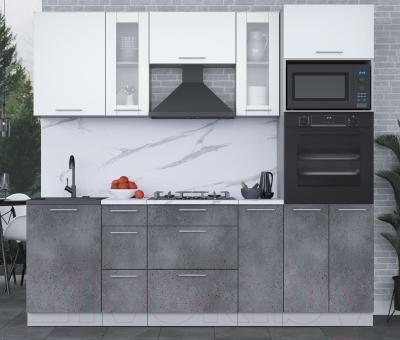 Кухонный гарнитур Интерлиния Мила 2.3 ВТ (белый платинум/бетон портленд/белый гранит)