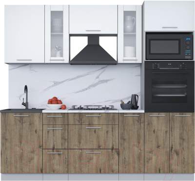 Кухонный гарнитур Интерлиния Мила 2.3 ВТ (белый платинум/дуб веллингтон/белый гранит) - фото