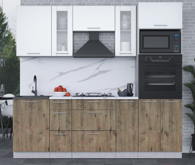 Кухонный гарнитур Интерлиния Мила 2.3 ВТ (белый платинум/дуб веллингтон/белый гранит)