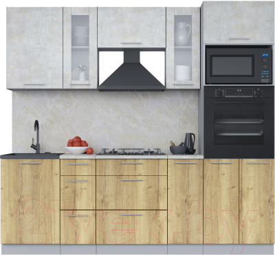 Кухонный гарнитур Интерлиния Мила 2.3 ВТ (бетон лайт/дуб золотой/опал светлый) - фото