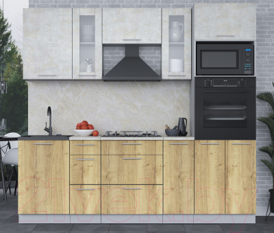 Кухонный гарнитур Интерлиния Мила 2.3 ВТ (бетон лайт/дуб золотой/опал светлый)