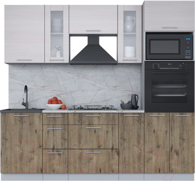 Кухонный гарнитур Интерлиния Мила 2.3 ВТ (вудлайн кремовый/дуб веллингтон/серый каспий) - фото